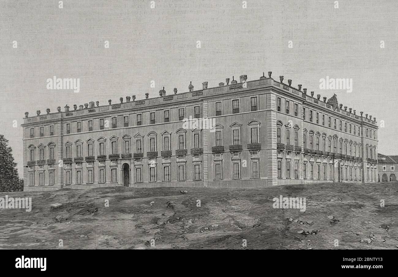 Guerra hispano-estadounidense o Guerra de Cuba. CONFLICTO bélico entre España y Estados Unidos en 1898, resultado de la intervención estadounidense en la guerra de independencia cubana. Espagne. El Palacio Real de Riofrío, destinado por la reina regente María Cristina de Habsburgo-Lorena a sanatorio de soldados rapatriados. Fotograbado por Laporta. La Ilustración Española y Americana 30 de septiembre de 1898. Banque D'Images