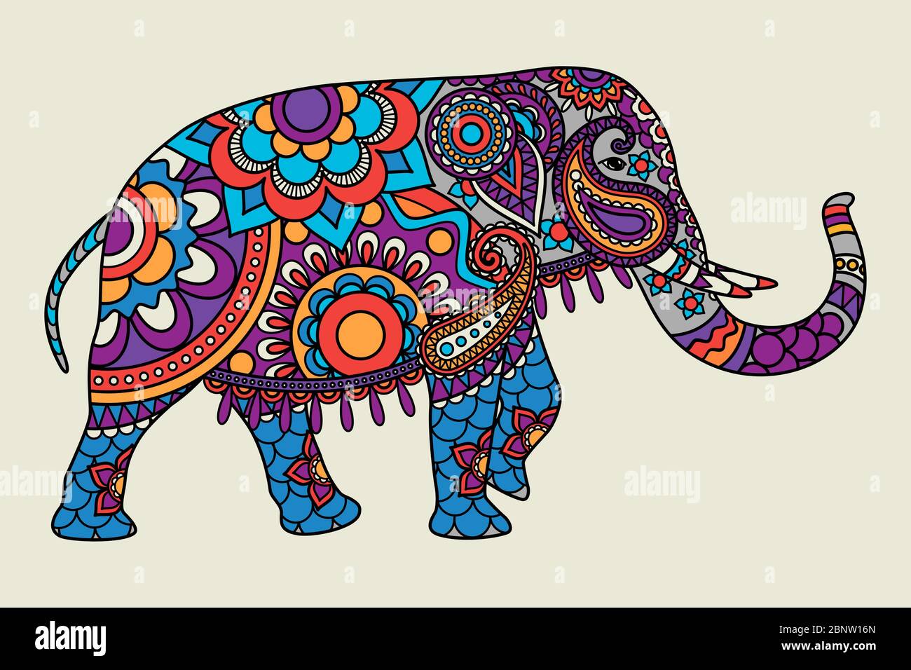 Éléphant indien orné dessiné à la main, couleur illistration. Illustration vectorielle Illustration de Vecteur