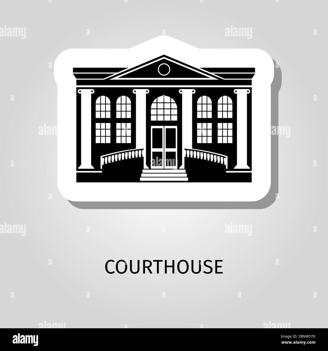 Icône représentant un autocollant noir représentant un bâtiment du palais de justice avec un panneau Illustration de Vecteur
