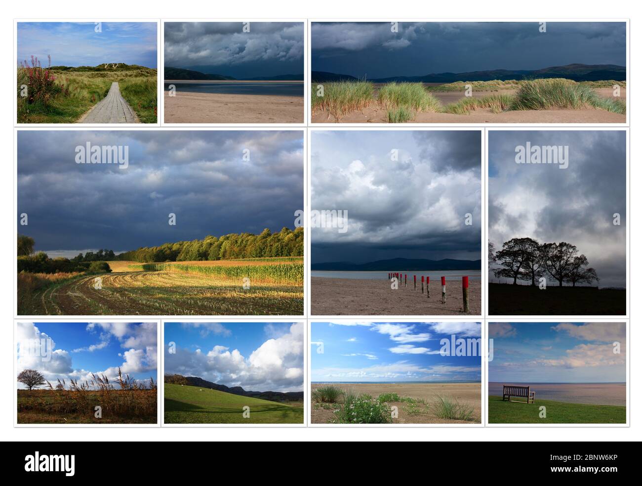 Beau collage de différentes photos d'été ensoleillé d'automne de paysages britanniques. Champs, arbres, mer, colline, forêt, bleu ciel bleu ciel nuageux et lumière en cas de changement de temps. Banque D'Images