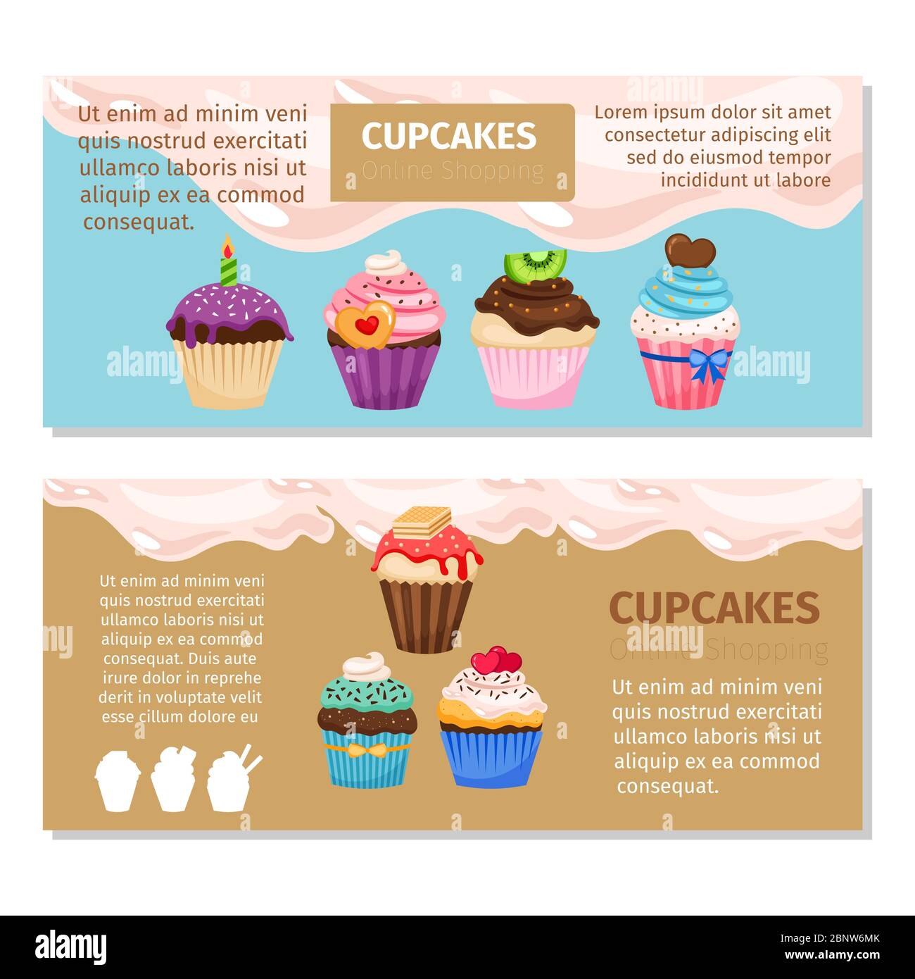 Achat en ligne muffin et cupcakes horizontal flyers design Illustration de Vecteur