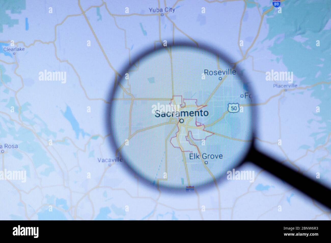 Los Angeles, Californie, Etats-Unis - 1er mai 2020 : ville de Sacramento Nom de la ville avec emplacement sur la carte en gros plan, éditorial Banque D'Images