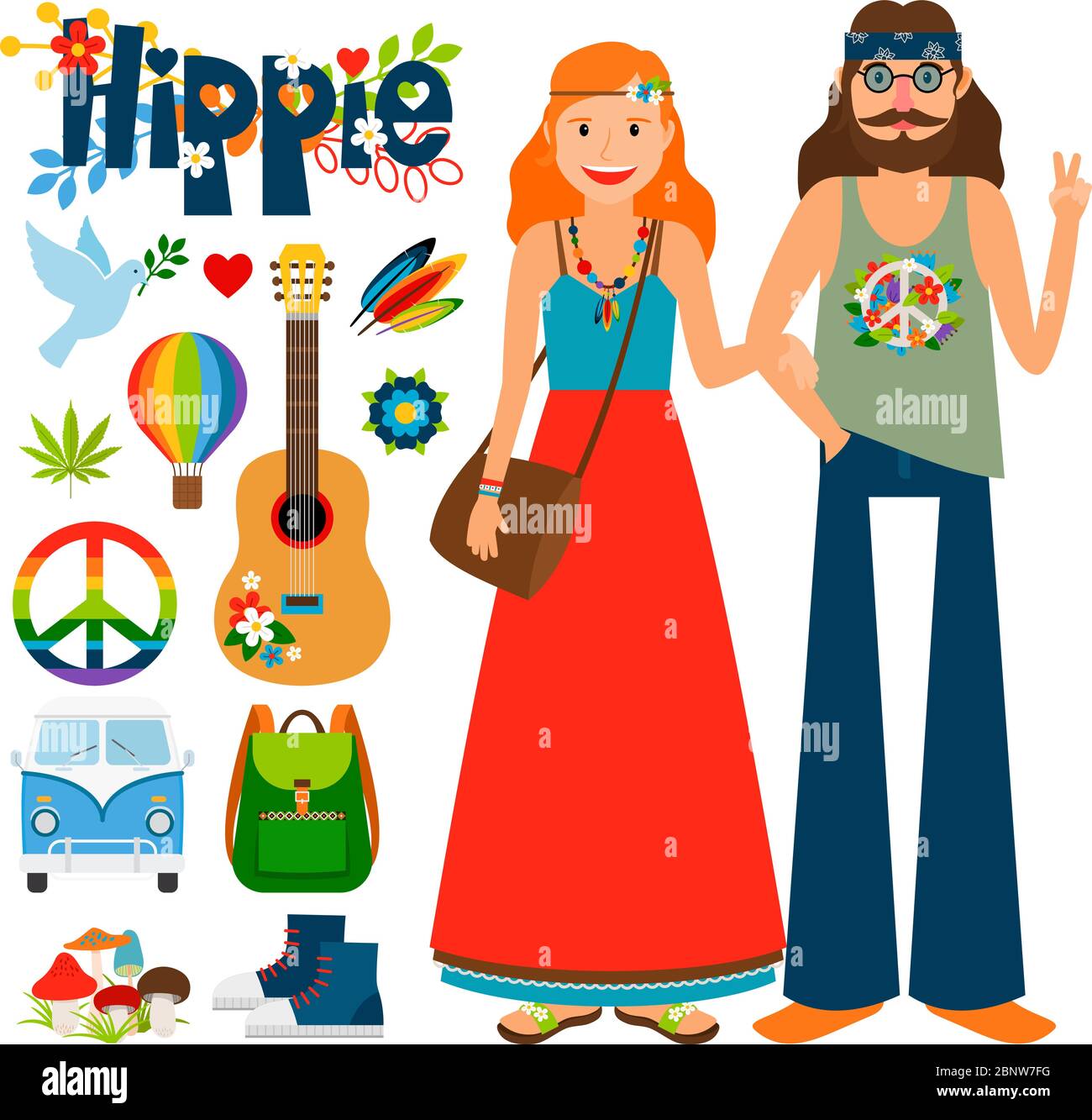 Vecteur de personnes hippie. Hippie femme avec cheveux longs et homme avec guitare Illustration de Vecteur