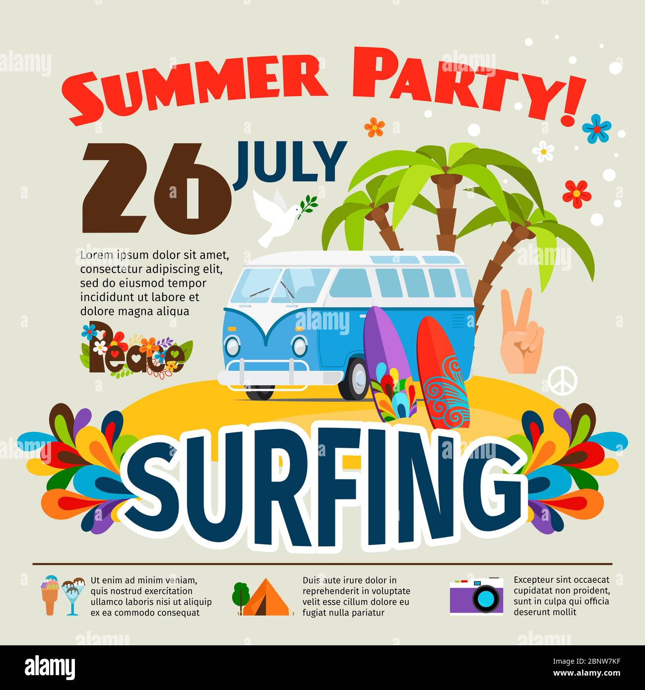 Affiche de surf hippie. Arrière-plan du vecteur de bus de surf Hipster Illustration de Vecteur