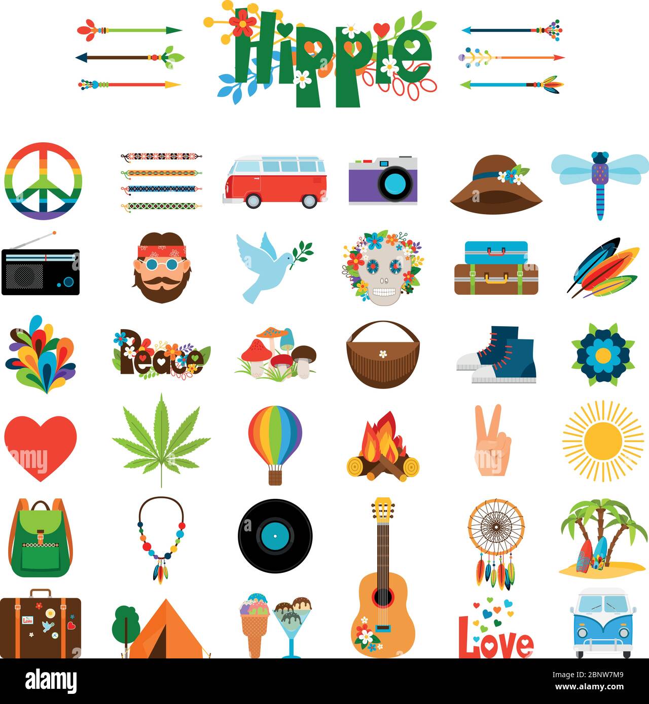 Icônes plates hippie. Panneaux vectoriels de couleur hippie Illustration de Vecteur