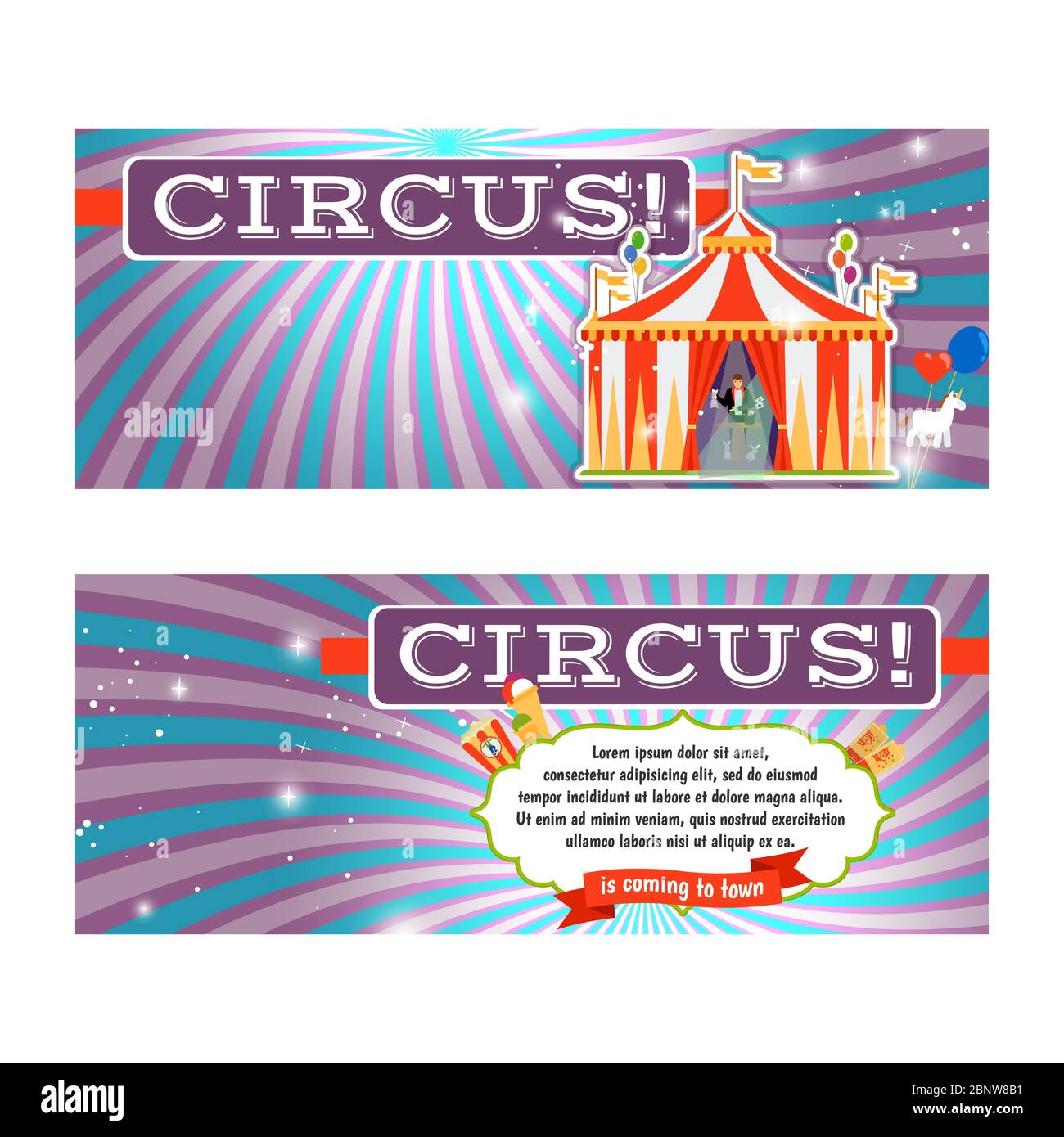 Modèle de bannière de cirque vintage avec tente rouge et blanc. Illustration vectorielle Illustration de Vecteur