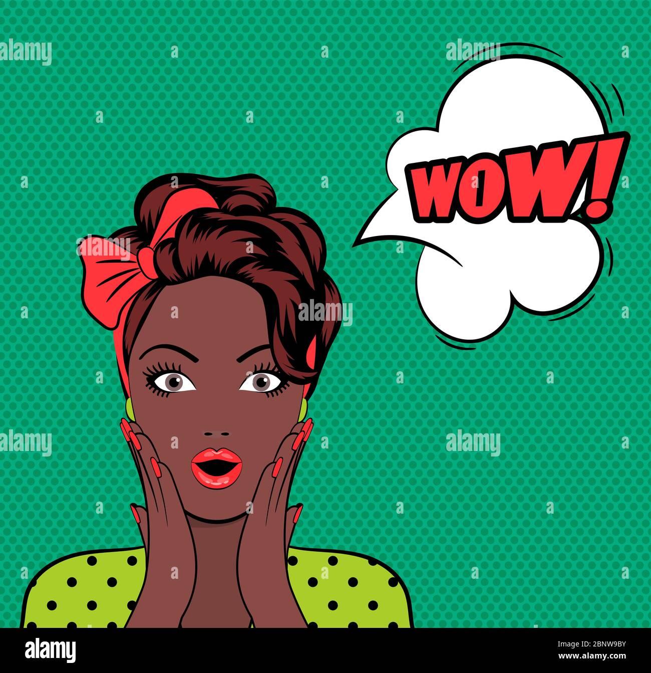 WOW bulle pop art femme visage avec la bouche ouverte sur fond vert. Illustration vectorielle Illustration de Vecteur