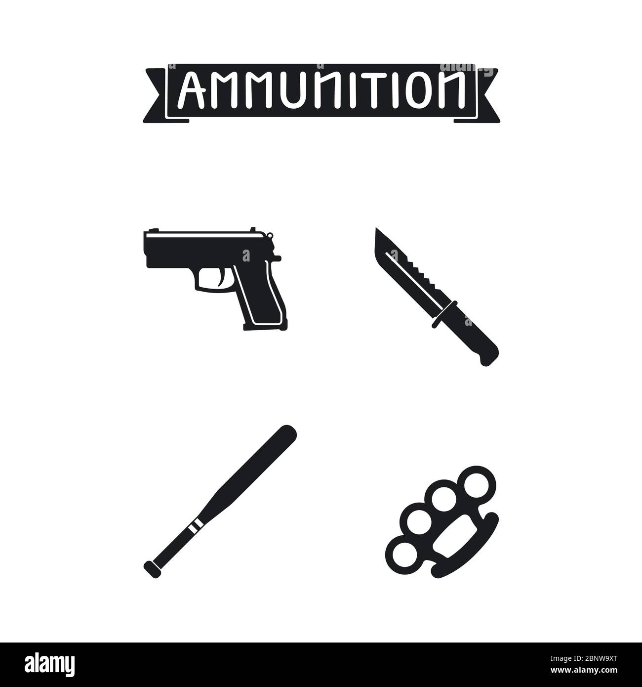 Icônes de munitions définies. Illustration vectorielle de la batoon du canon et du couteau, du porte-fusée et du plumeau Illustration de Vecteur