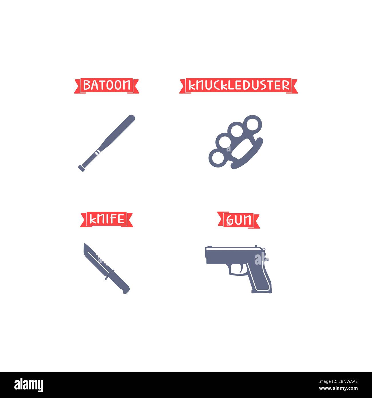 Icônes de munitions avec noms sur le ruban rouge. Pistolet, couteau, joint-fusée, batoon. Illustration vectorielle Illustration de Vecteur