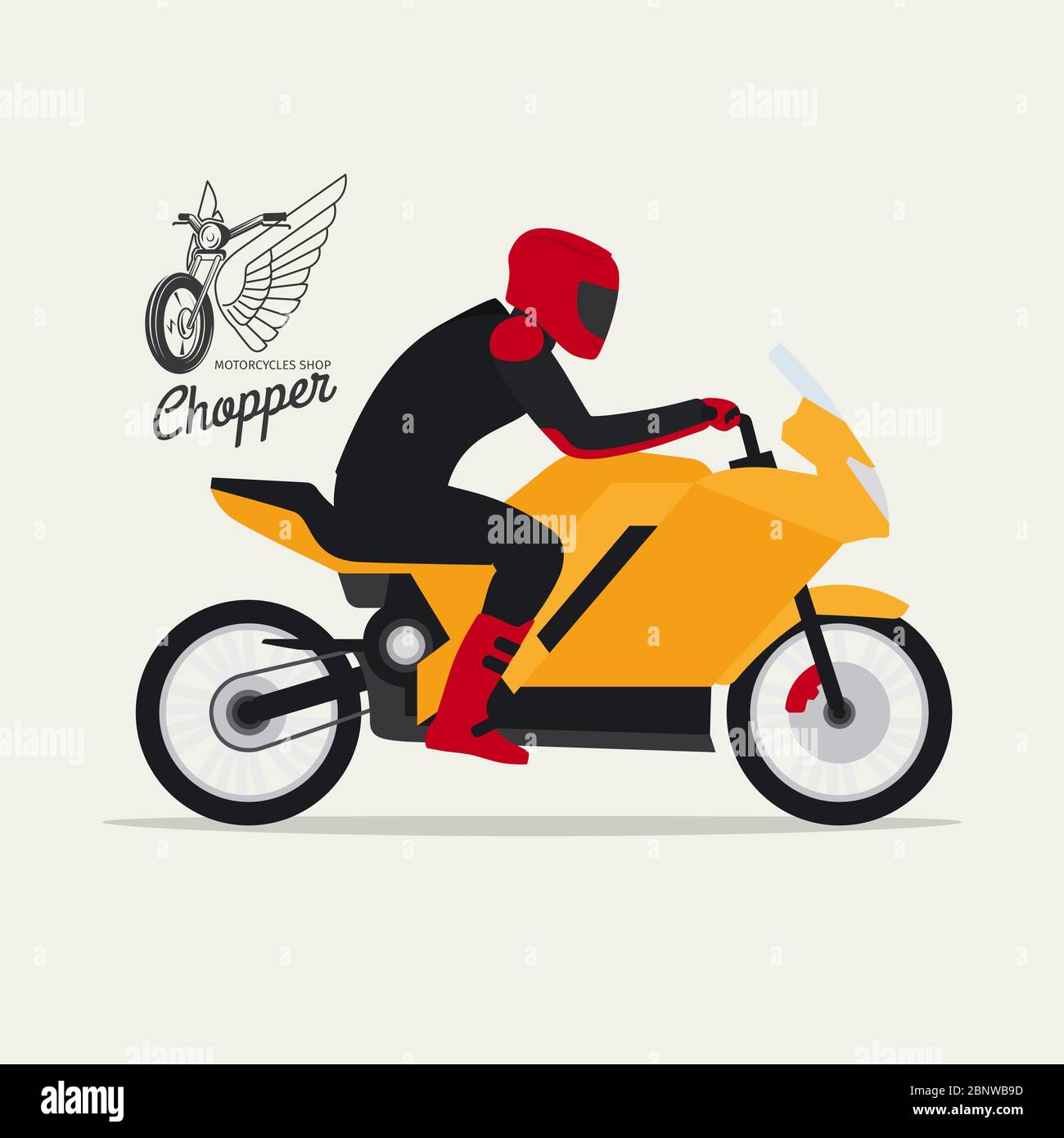 Moto avec motard dans un style plat avec logotype silhouette, illustration vectorielle Illustration de Vecteur