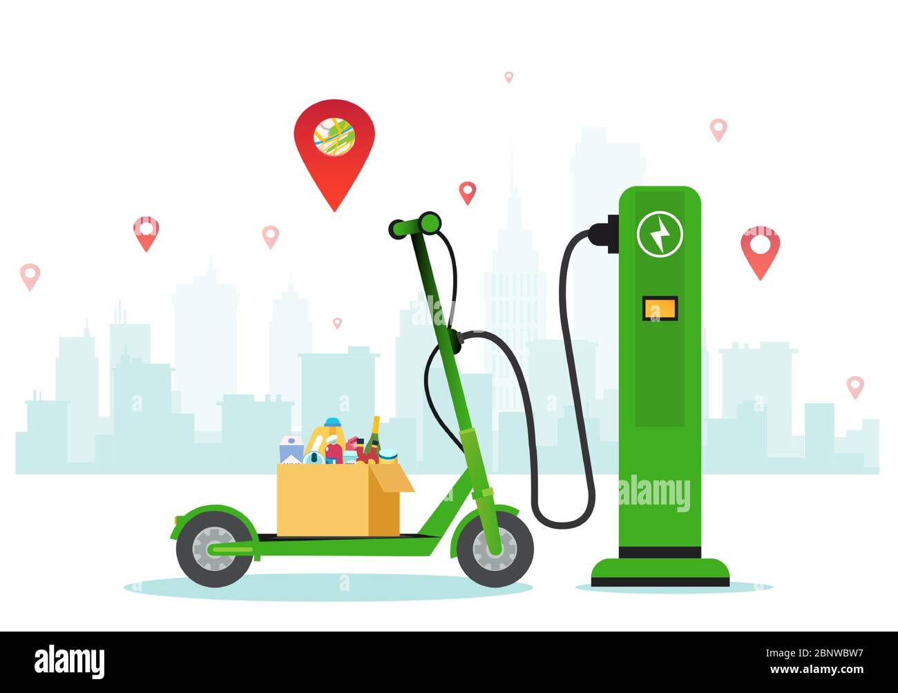 Service de livraison de nourriture utilisant le concept de scooter électrique écologique Illustration de Vecteur