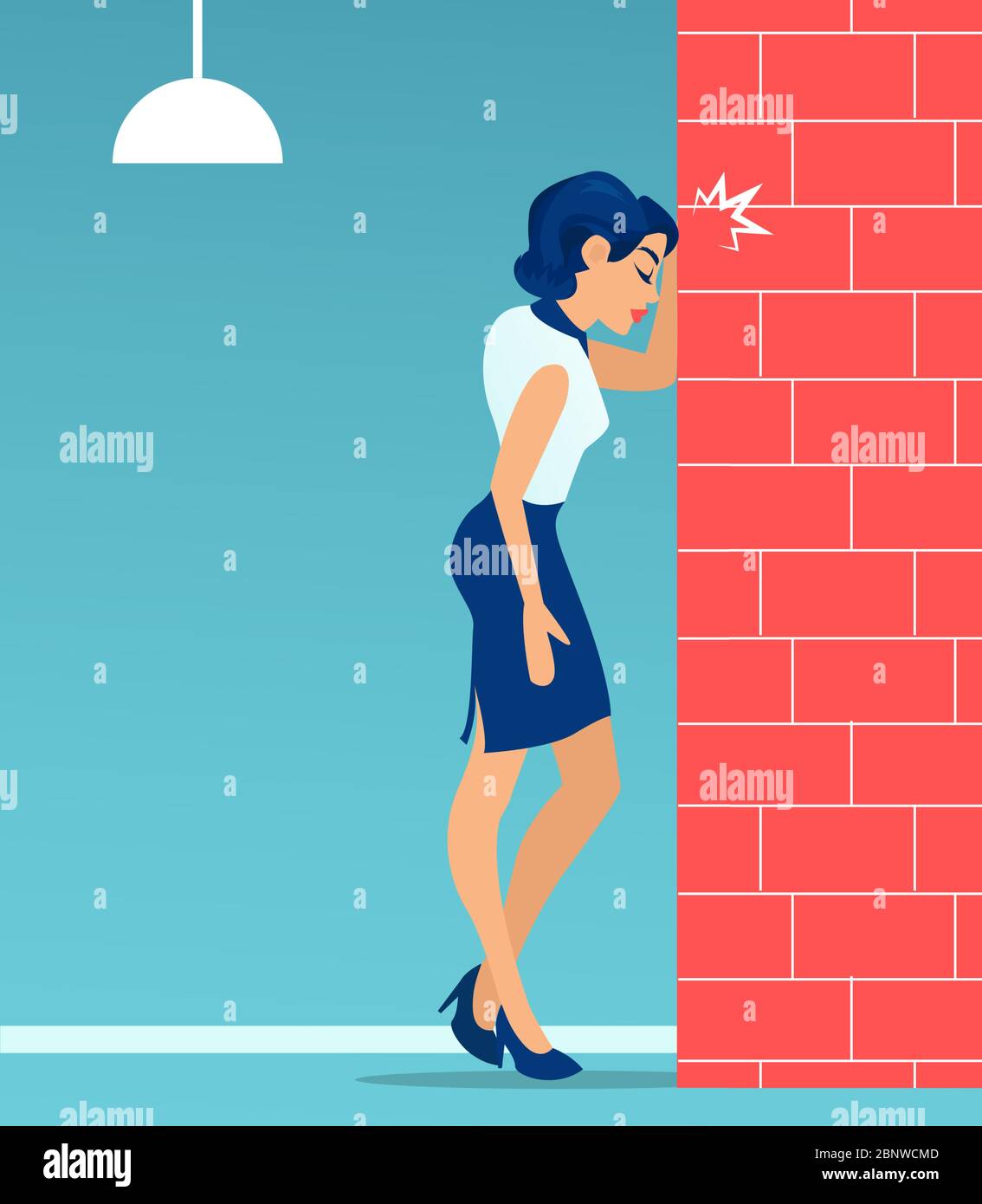 Vecteur d'une femme d'affaires stressée qui se cognait la tête dans la frustration contre un mur Illustration de Vecteur