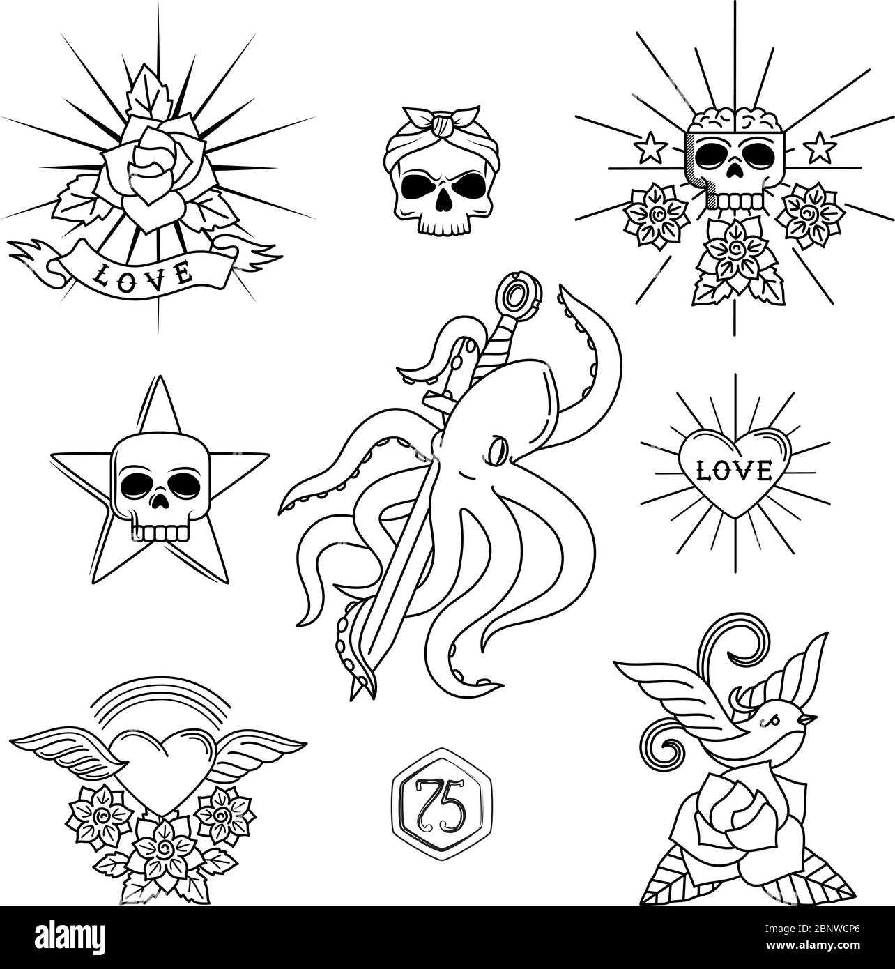 Éléments vectoriels tatouage. Tatouages linéaires avec crâne et fleurs, coeur, moineau ou hirondelle oiseau Illustration de Vecteur