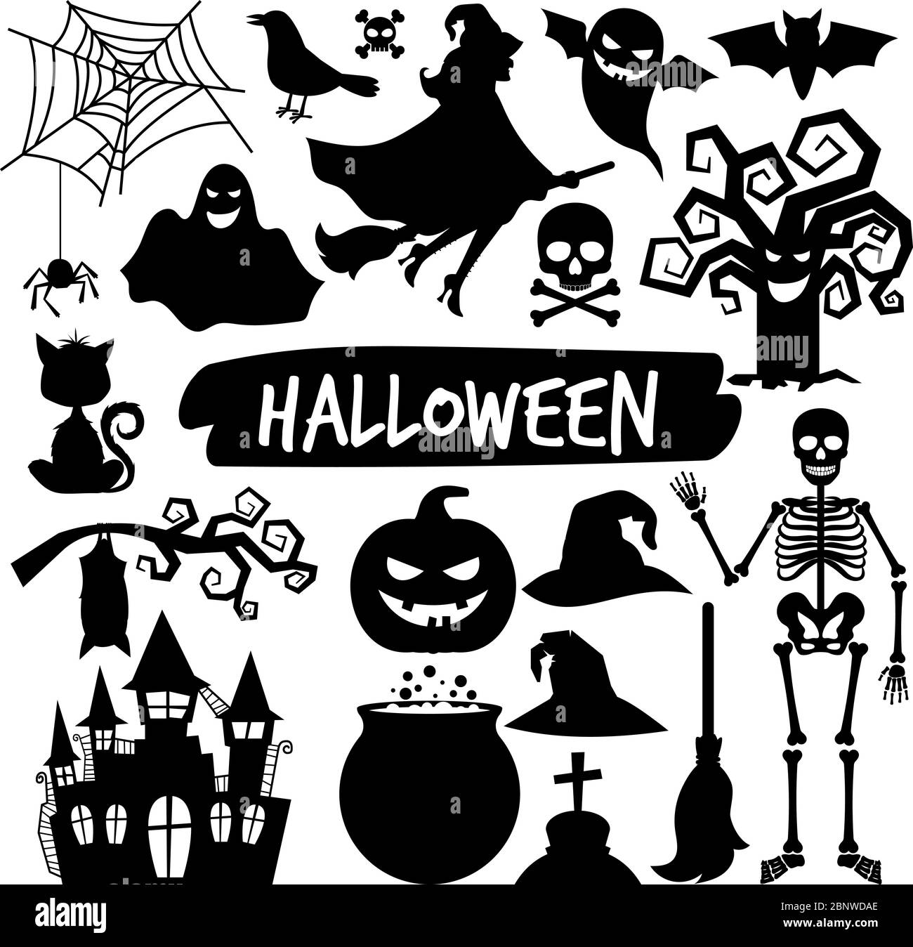 Silhouettes noires Halloween. Joyeux halloween vecteur nuit icônes, chauve-souris et squelette, hibou et fantôme Illustration de Vecteur