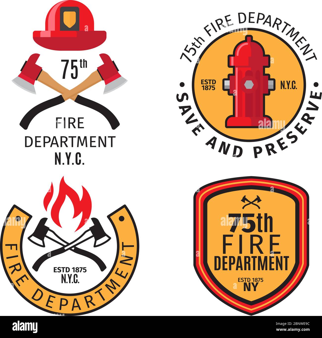 Emblèmes de pompier et badges de service d'incendie avec haches de feu à vecteur et casque de pompier Illustration de Vecteur