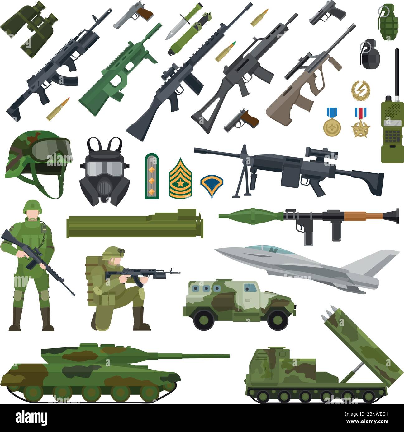 Icônes plates de l'armée militaire des États-Unis et de l'OTAN. Munitions et armes, casque et fusil, char et avion militaire. Illustration vectorielle Illustration de Vecteur