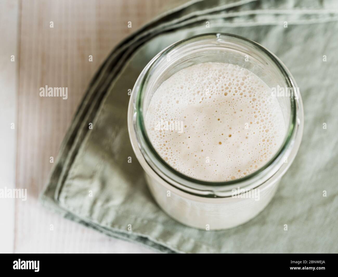 Démarreur de levain de blé. Vue de dessus du bol en verre avec démarreur de levain sur fond de bois blanc. Copier l'espace pour le texte ou la conception. Banque D'Images