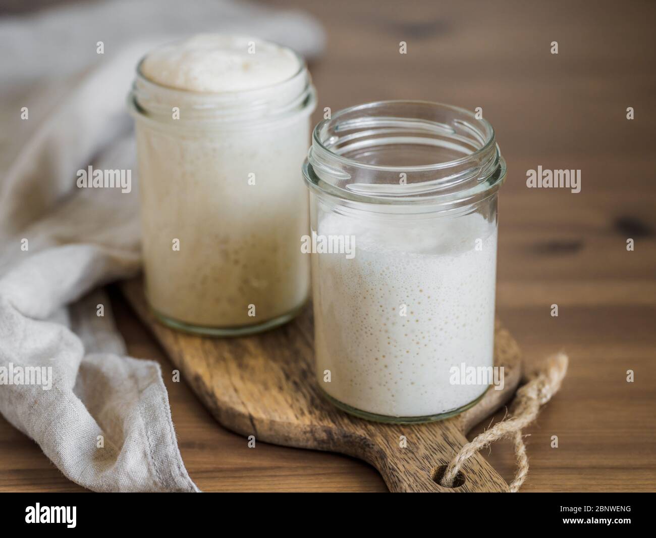 Deux pots en verre avec des démarreurs de levain de blé dans différents niveaux d'hydratation. Starter 100% hydratation en arrière-plan et Starter avec une hydratation plus élevée en premier plan. Copier l'espace Banque D'Images