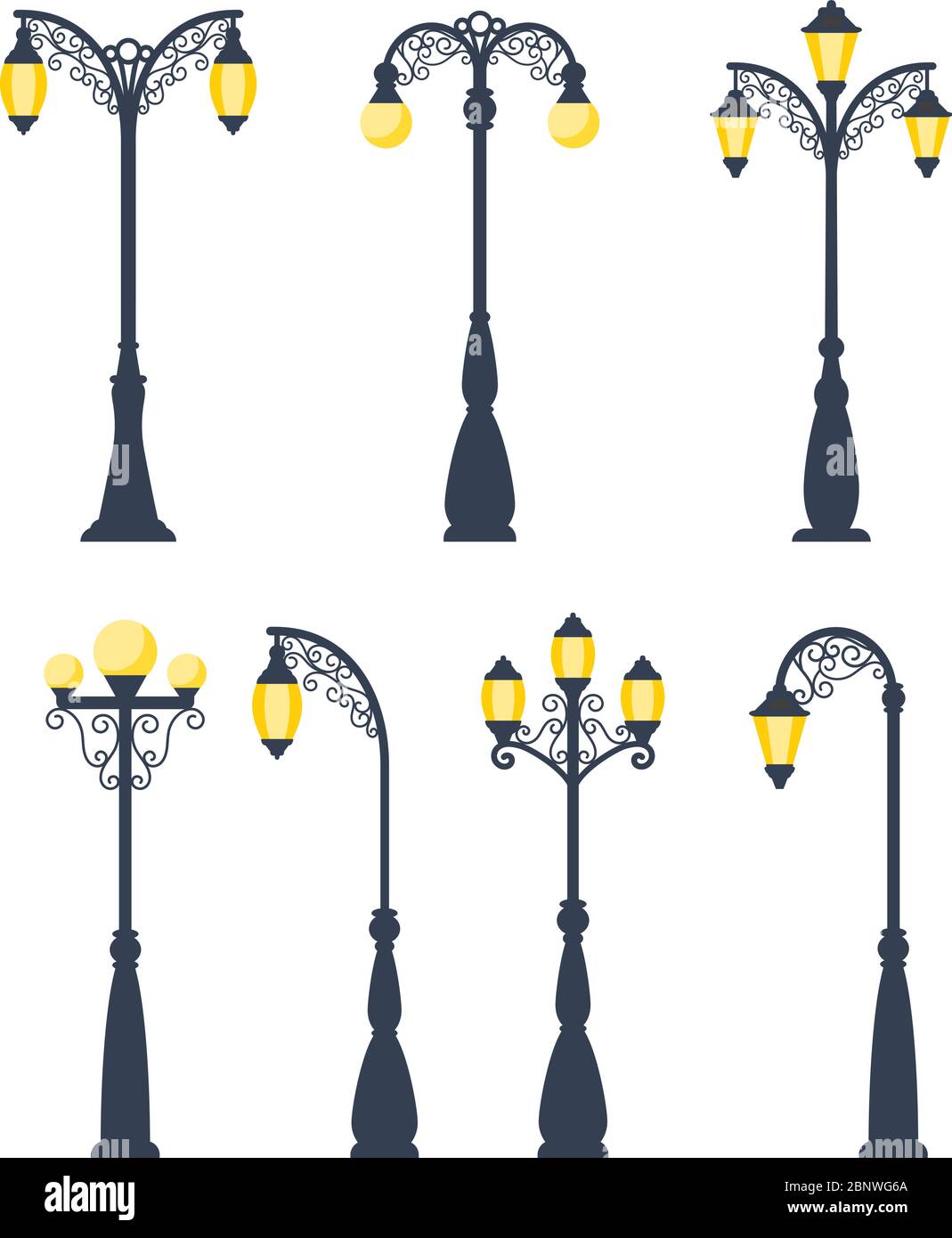 Illustration vectorielle rétro des réverbères. Lampes de rue vintage et lanternes à gaz isolées sur fond blanc Illustration de Vecteur