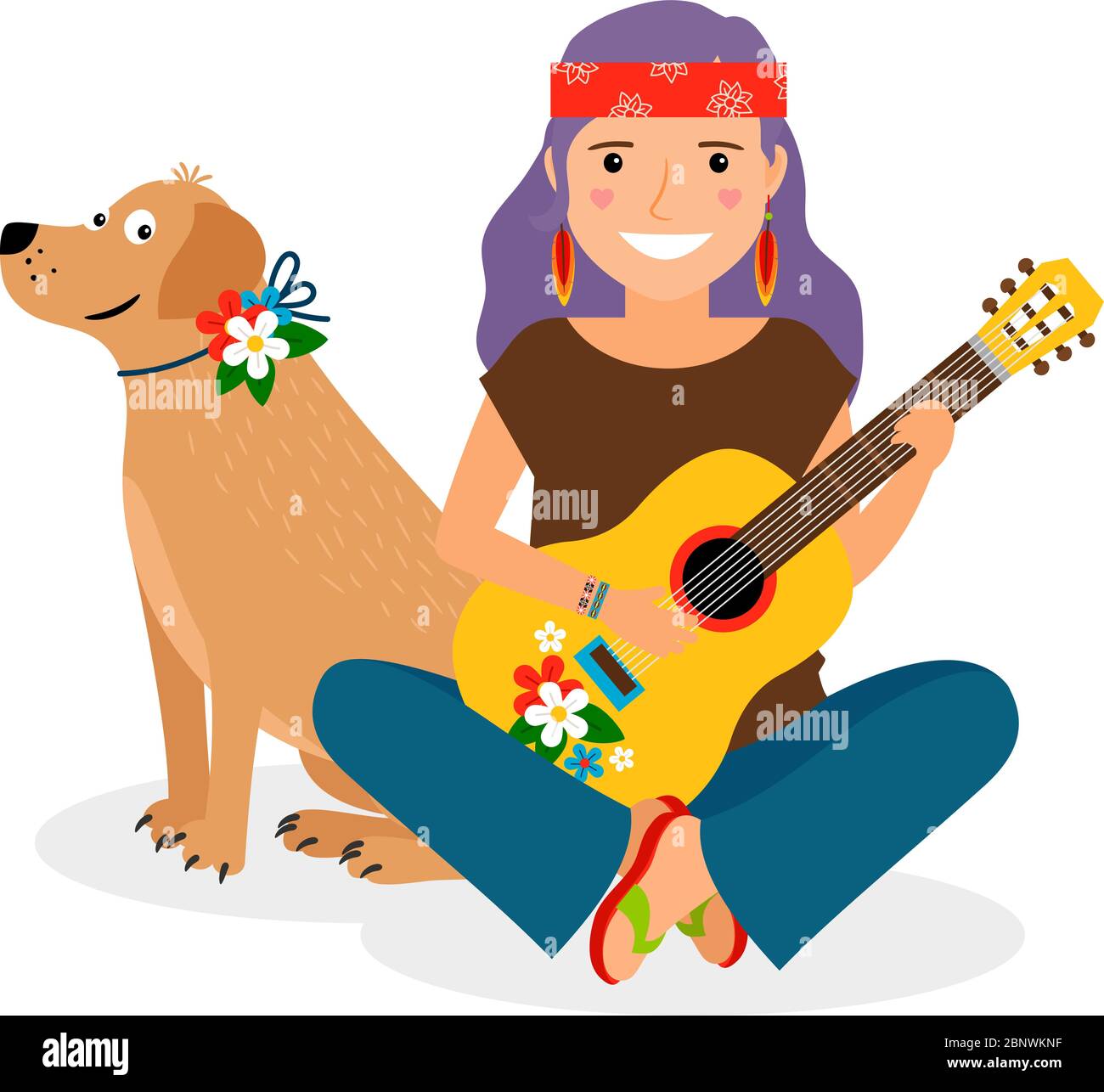 Hippie Girl avec guitare et chien. Illustration vectorielle Illustration de Vecteur