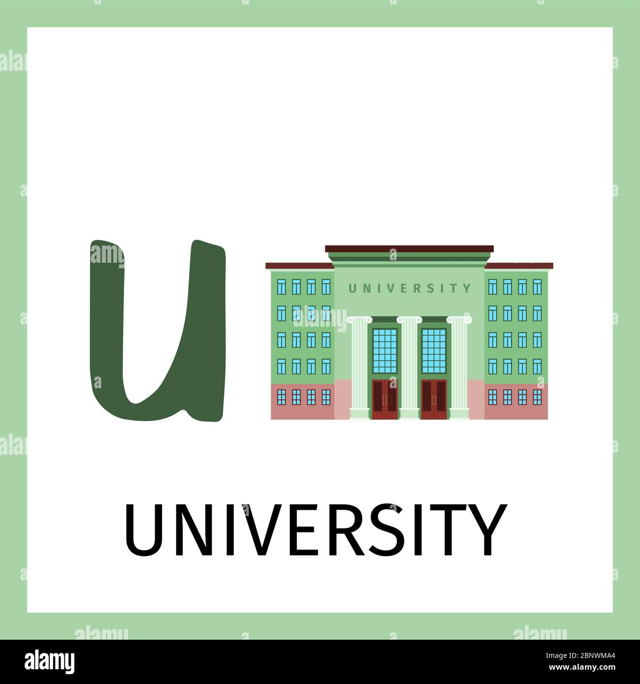 Carte alphabétique pour enfants avec bâtiment universitaire. Illustration vectorielle de la carte lettre U. Illustration de Vecteur