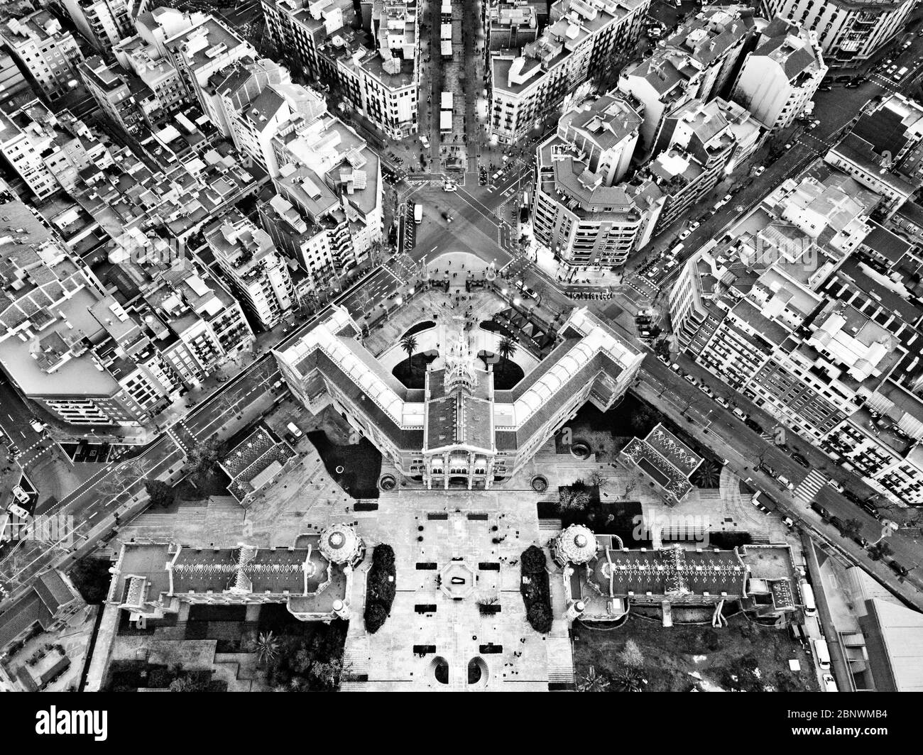 Bâtiment Sant Pau, Modernisme, Puig i Cadafalch architecture vue aérienne Barcelone Catalogne Espagne. Panorama de l'hôpital de Santa Creu i Sant Pau H. Banque D'Images