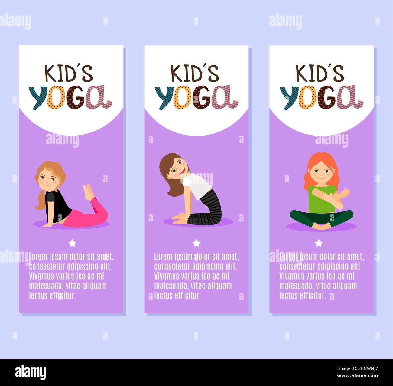 Yoga enfants vecteur violet flyers conception avec filles Illustration de Vecteur