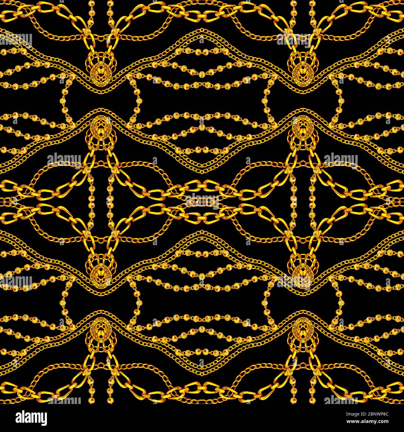 Motif tendance sans couture avec chaînes dorées sur fond noir. Conception de tissu avec Chain Ready pour l'impression. Banque D'Images
