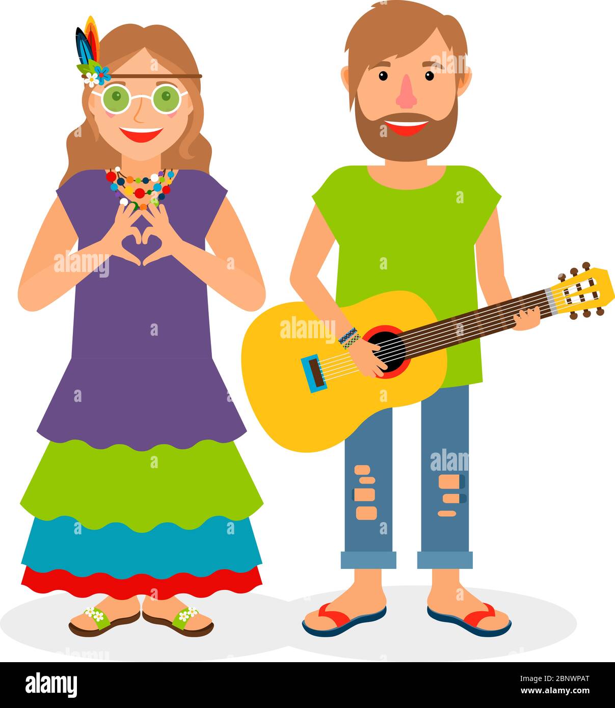 Hippie amour couple. Hippie femme et homme avec illustration de vecteur guitare Illustration de Vecteur