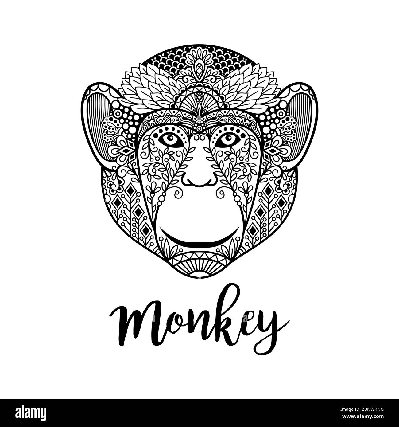Illustration vectorielle de tête de singe dessinée à la main avec motifs ethniques Illustration de Vecteur