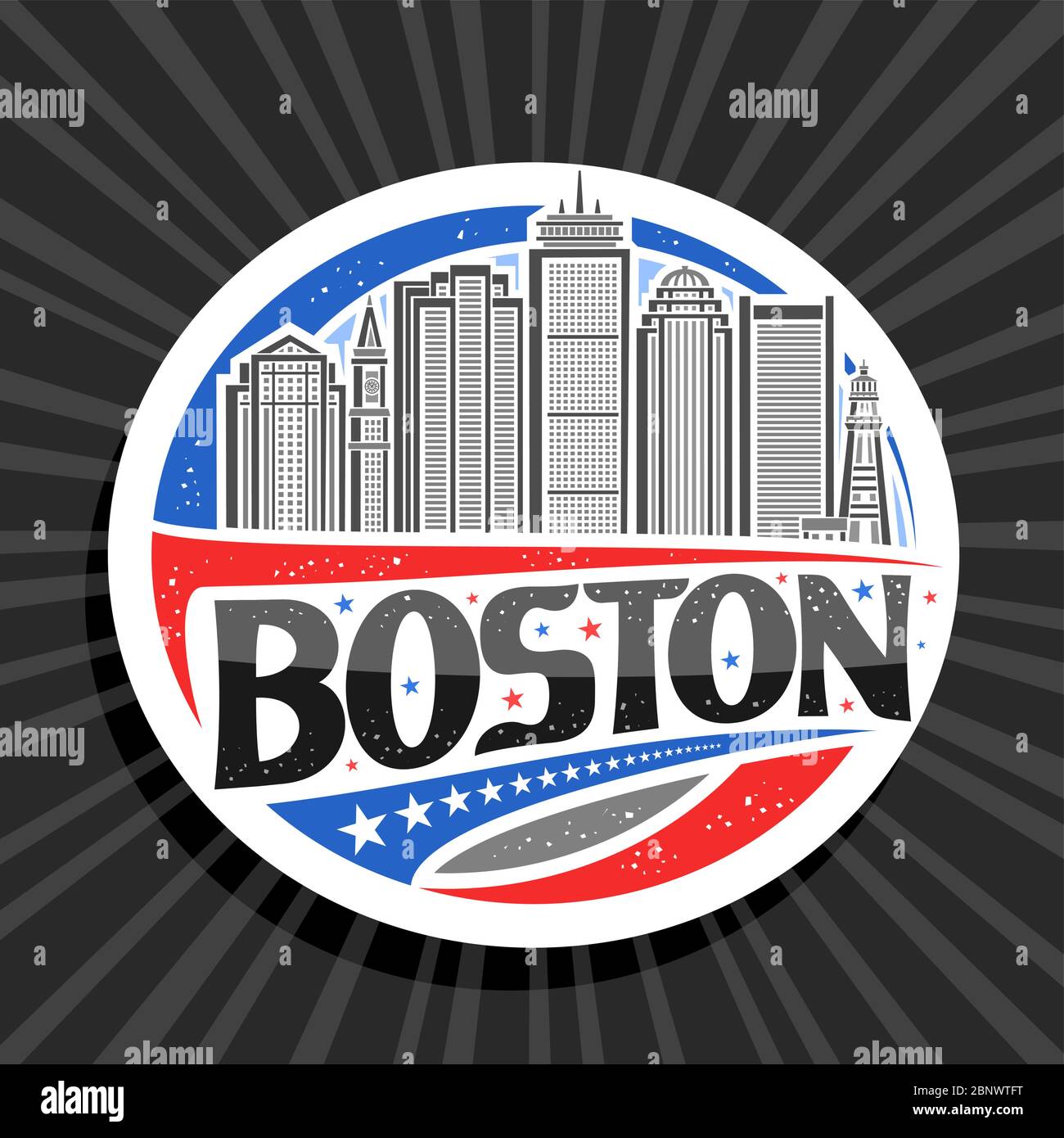 Logo Vector pour Boston, étiquette ronde décorative blanche avec illustration de la célèbre ville de boston sur fond ciel de jour, réfrigérateur touristique design artistique Illustration de Vecteur