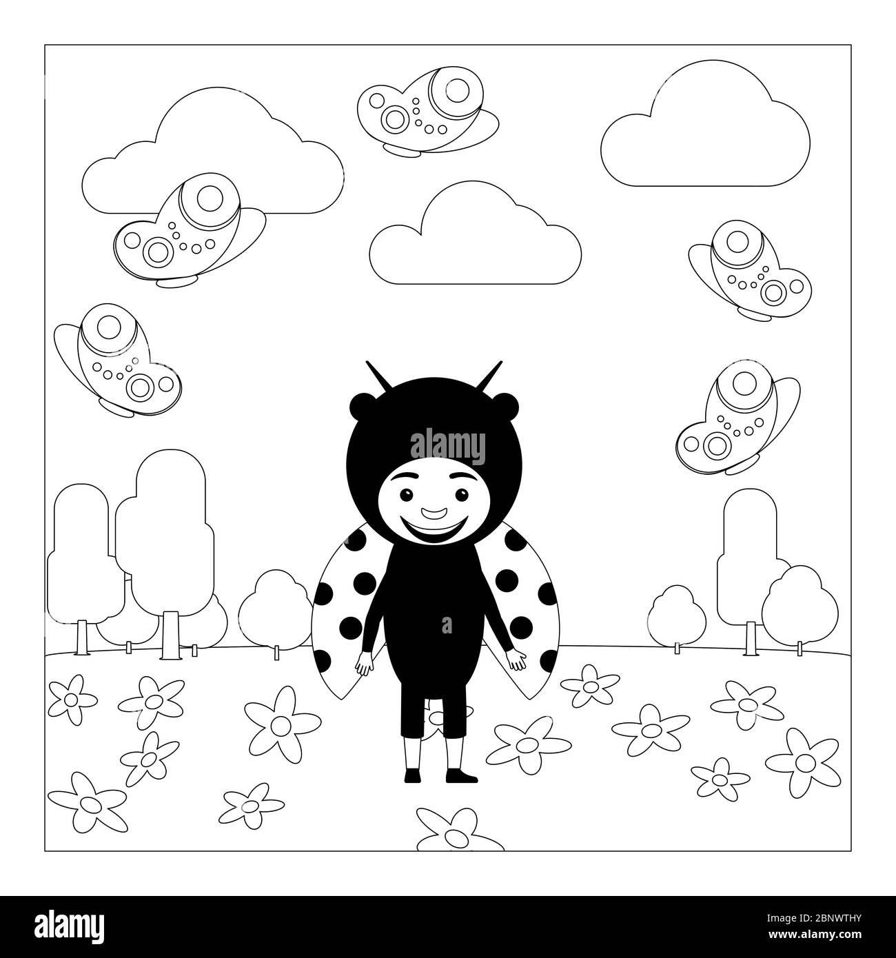 Enfant dans une robe de fantaisie pour insectes de coccinelle à la maternelle. Page de coloriage pour les enfants. Illustration vectorielle Illustration de Vecteur