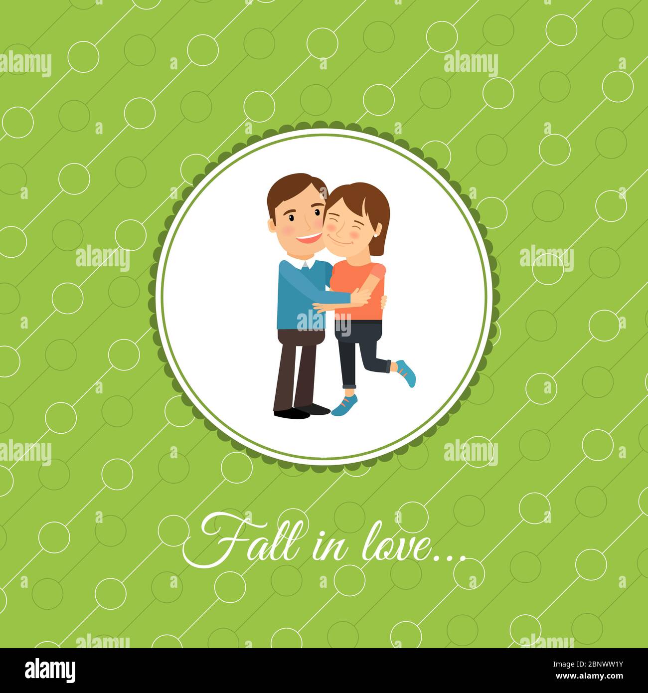 Happy Fall in love couple, modèle de carte de jour de la Saint-Valentin avec fond vert. Illustration vectorielle Illustration de Vecteur
