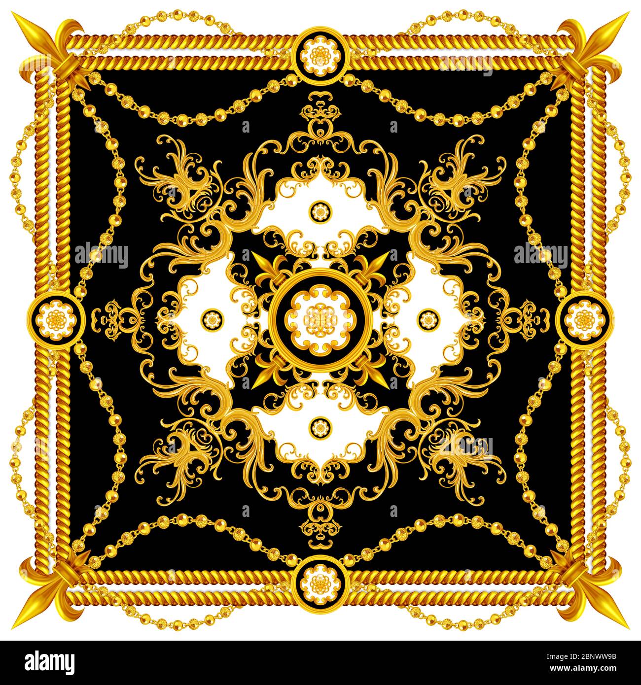 Luxueux motif Fashional avec chaînes baroques et dorées sur fond noir et blanc. Foulard en soie bijoux châle. Prêt pour les tirages textiles. Banque D'Images