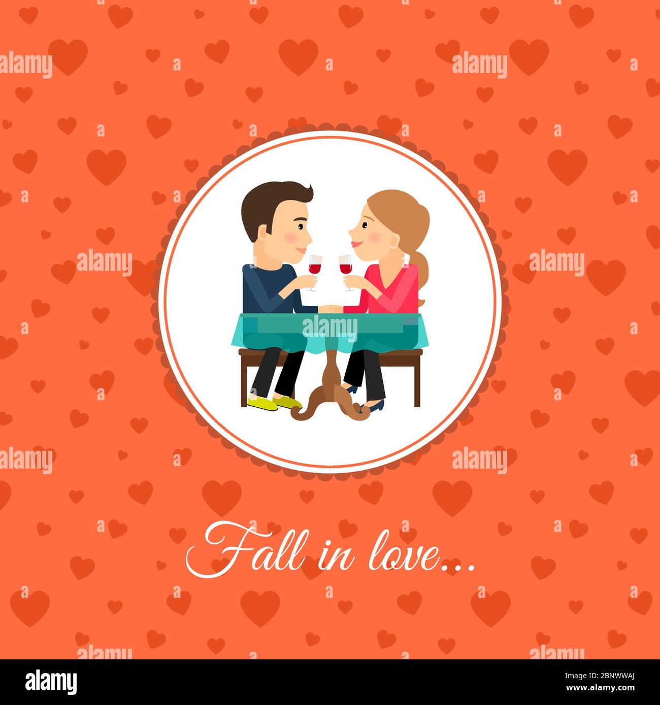 Couple d'amour de chute assis à la table, modèle de carte de jour de valintines avec fond orange Illustration de Vecteur