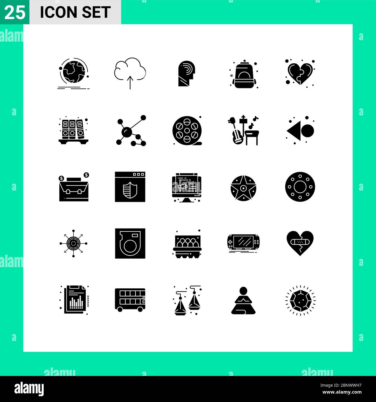 Solid Glyph Pack de 25 symboles universels de développement, montagne, accès, sac, changer d'éléments de conception vectorielle modifiables Illustration de Vecteur