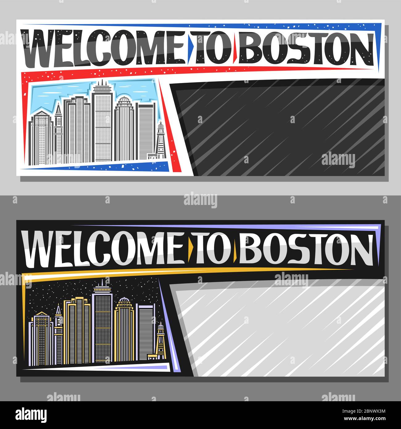 Mises en page vectorielles pour Boston avec espace de copie, bon décoratif avec illustration de la ligne du paysage moderne de boston le jour et le ciel crépuscule, art d Illustration de Vecteur