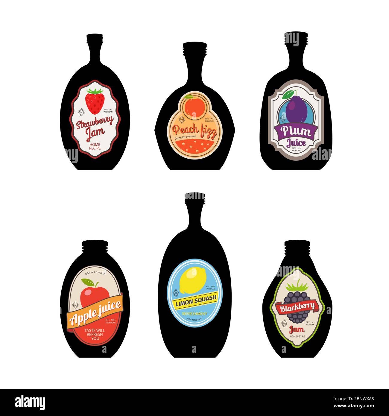 Silhouettes de bouteilles avec étiquettes vintage pour jus de fruits, confiture, courge. Illustration vectorielle Illustration de Vecteur