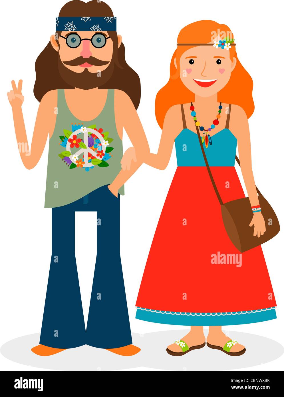 Hippie années soixante fille et homme de puissance de fleur. Illustration vectorielle Illustration de Vecteur