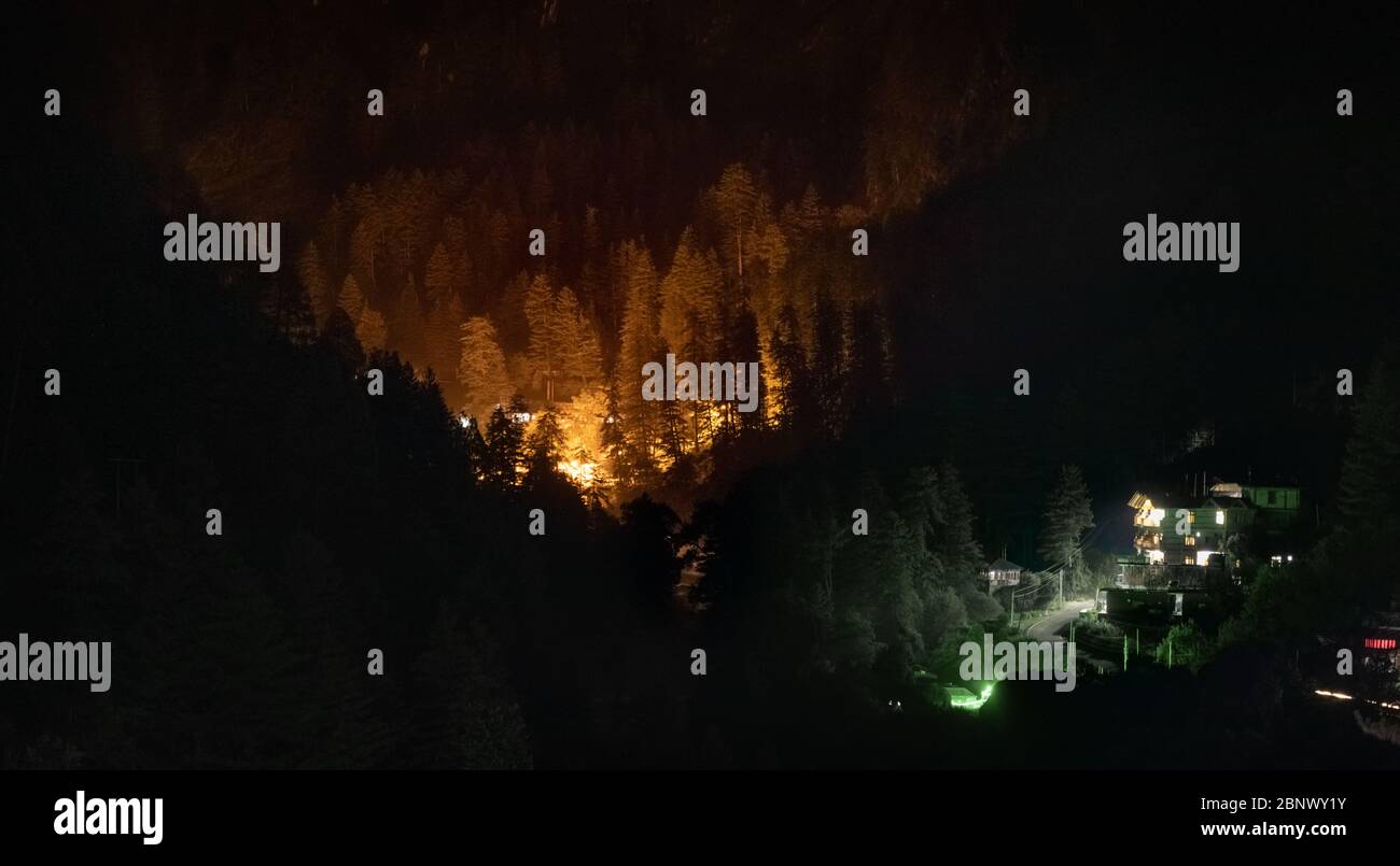 Les arbres de la vallée sont illuminés par une grande lumière halogène lumineuse qui fait ressembler à un feu dans la forêt. Les lumières de l'hôtel font briller encore des arbres Banque D'Images