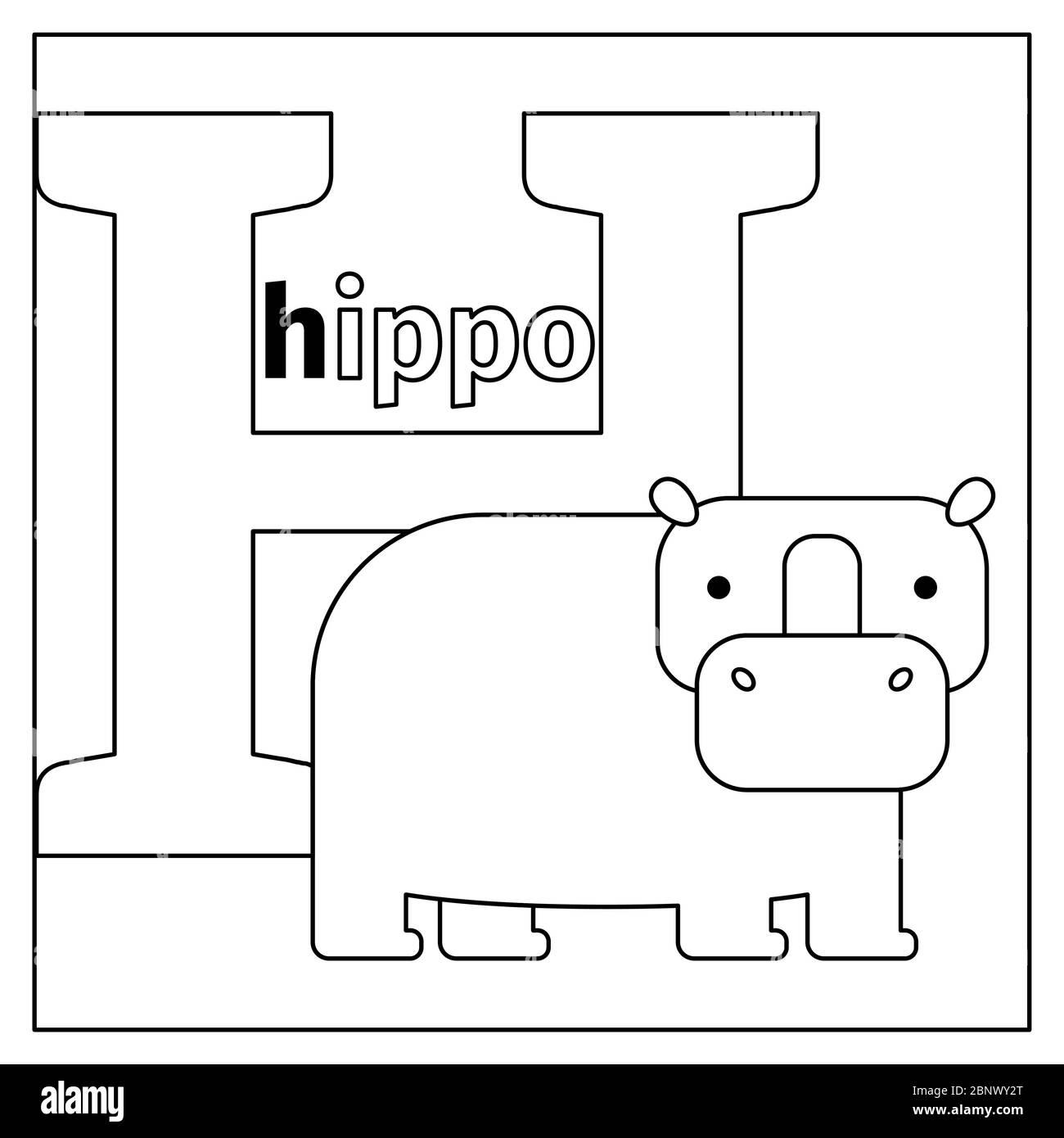 Page de coloriage ou carte pour enfants avec l'alphabet du zoo des animaux anglais. Hippo, illustration vectorielle lettre H. Illustration de Vecteur