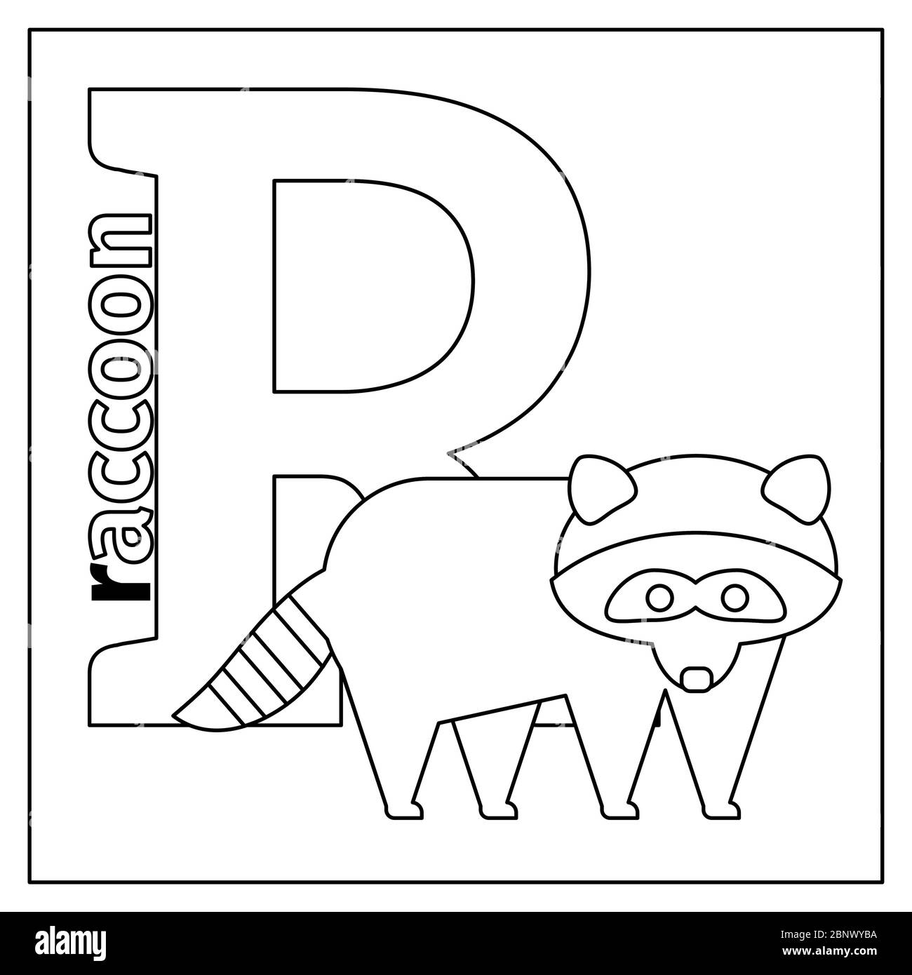 Page de coloriage ou carte pour enfants avec l'alphabet du zoo des animaux anglais. Raccoon, illustration vectorielle lettre R. Illustration de Vecteur