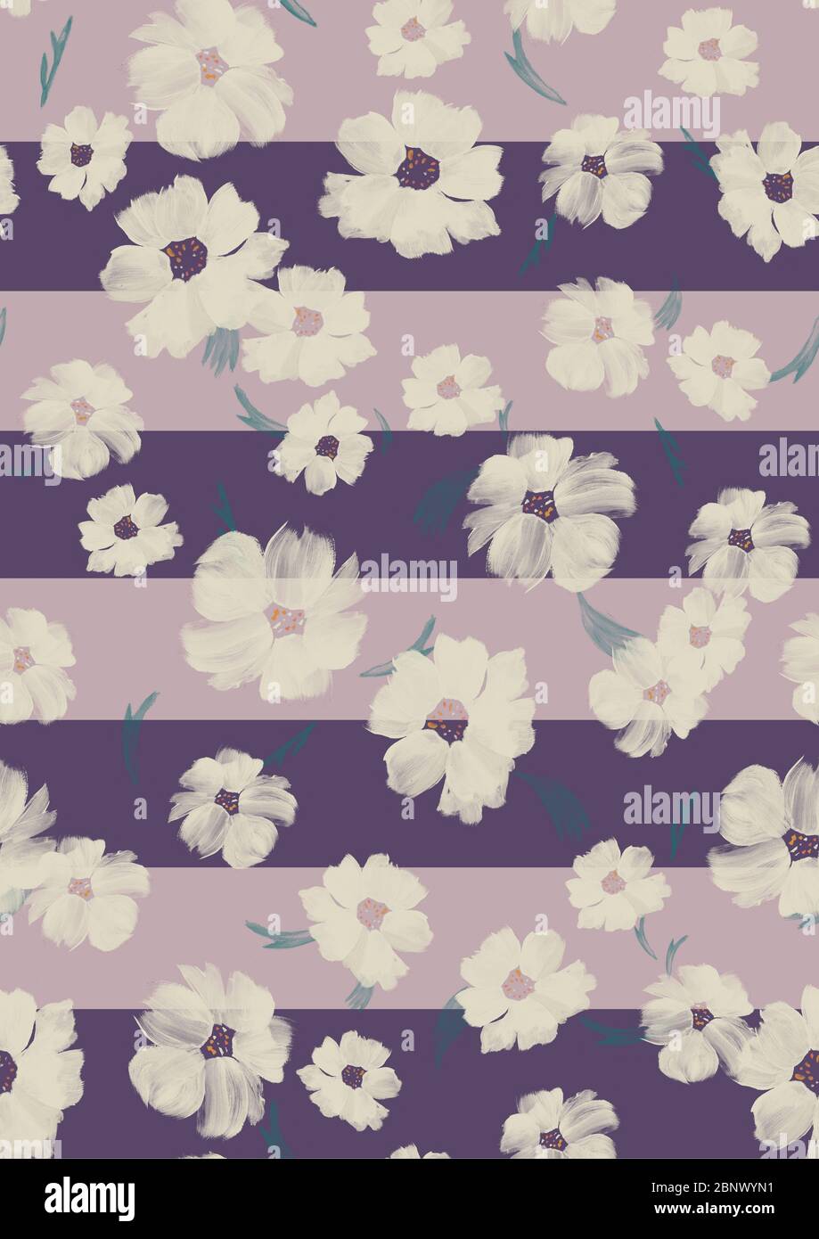 Motif aquarelle sans couture avec fleurs et feuilles sur bandes. Illustration aquarelle peinte à la main sur fond doublé. Banque D'Images