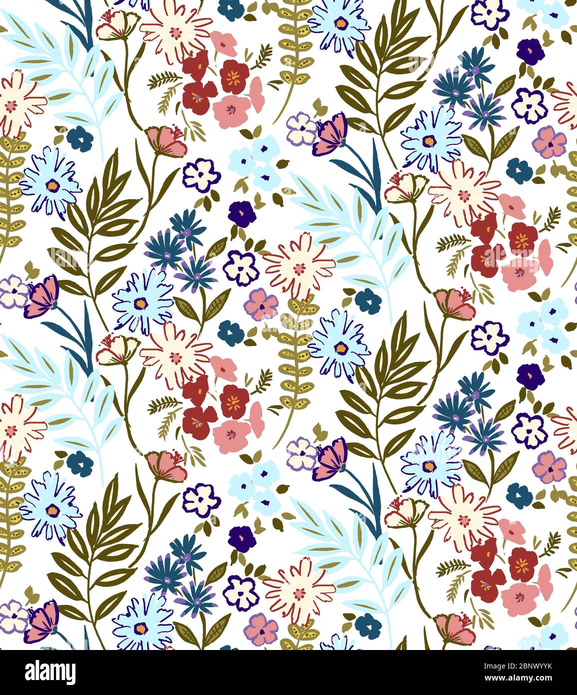 Motif fleuri sans couture avec fleurs colorées et feuilles sur fond blanc. Le modèle élégant pour les tirages de mode. Fleurs modernes Banque D'Images