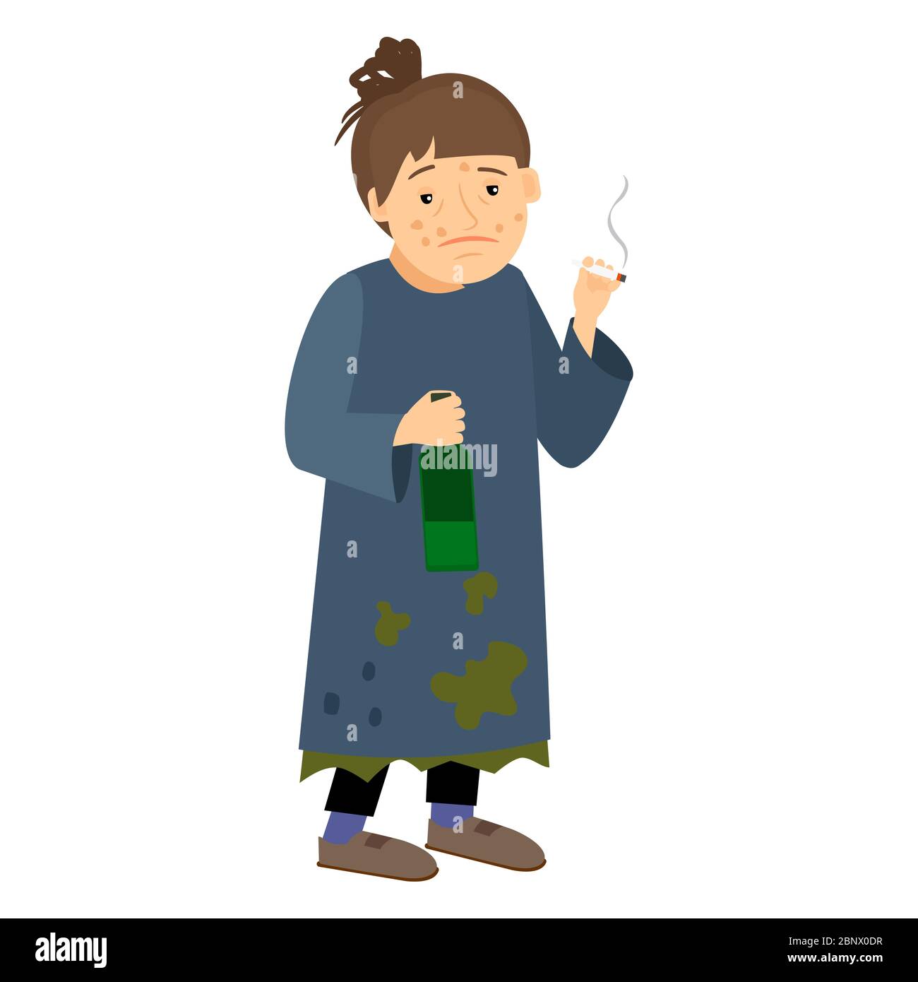 Une femme sans abri fume la cigarette et boit la bouteille. Illustration vectorielle Illustration de Vecteur