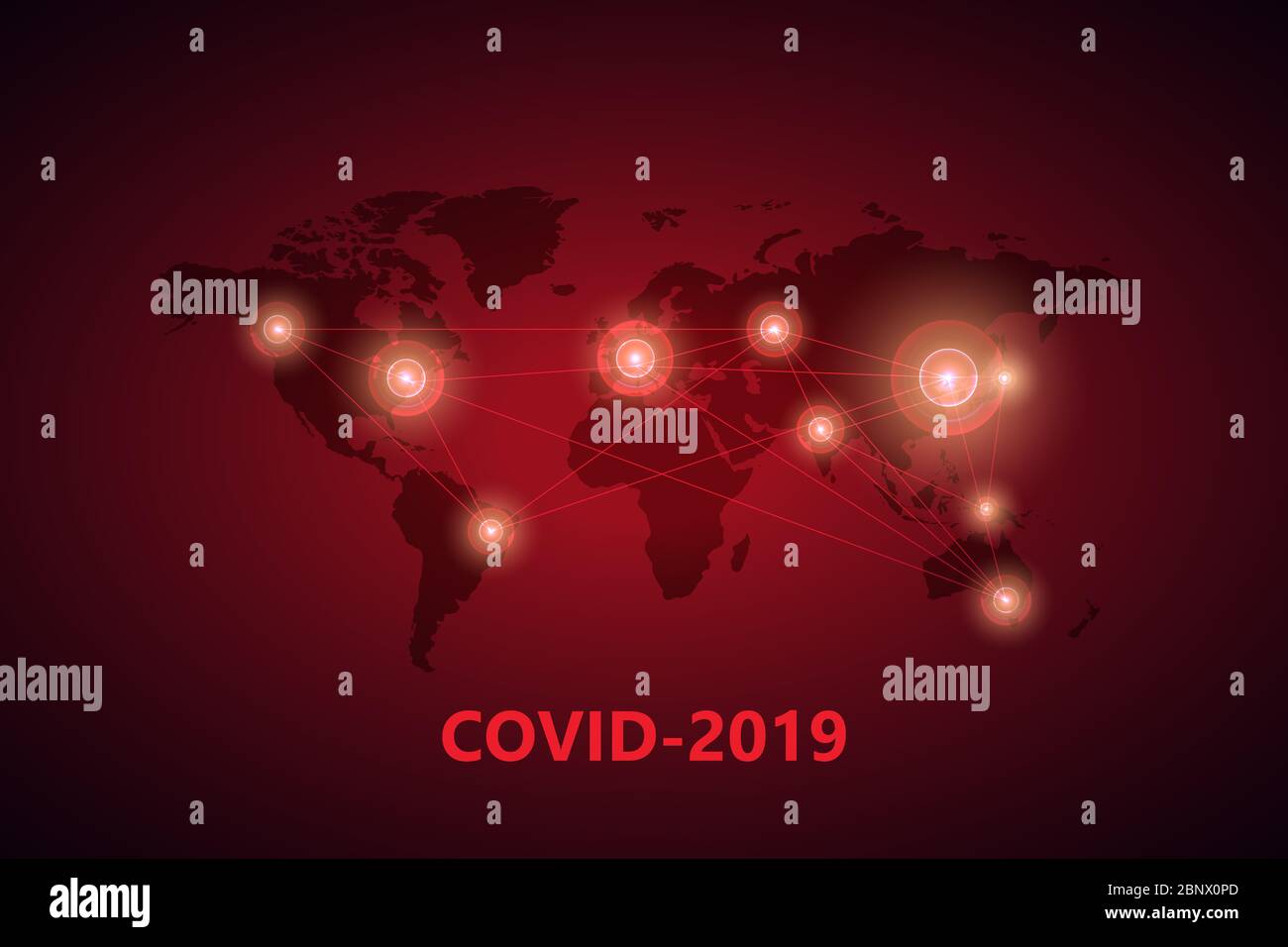 Affiche épidémie de virus 2020. Prévention et sensibilisation aux maladies respiratoires du coronavirus. Carte du monde du virus Corona sur fond rouge. Bannière médicale templa Banque D'Images