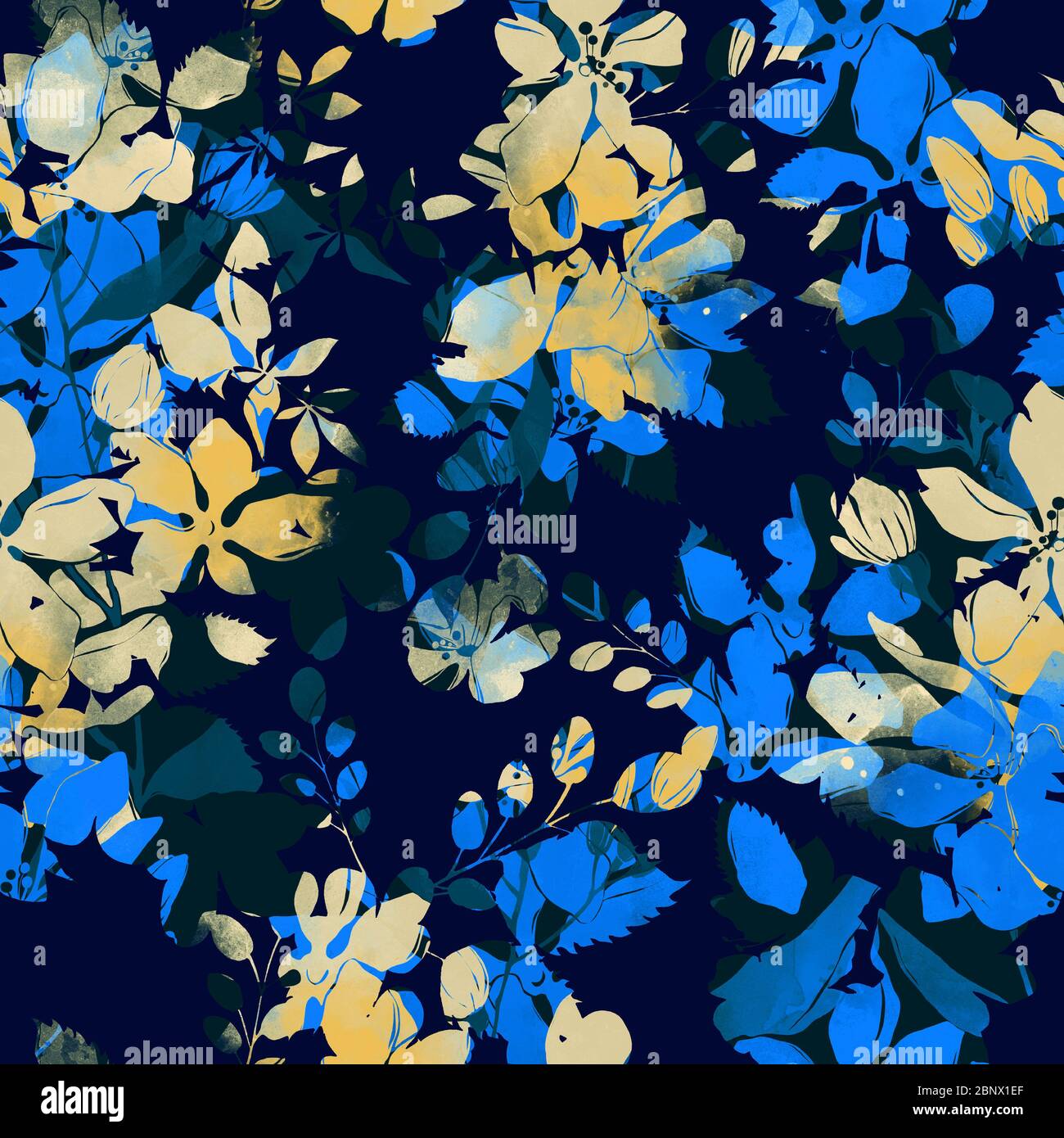 Motif abstrait élégant sans couture avec fleurs aquarelle sur fond bleu. Banque D'Images