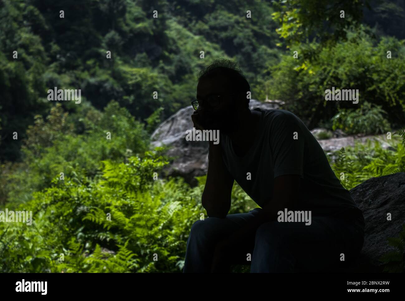 Portrait de silhouette de milieu de gamme d'un homme assis et pensant dans une forêt, avec des arbres et un rocher en arrière-plan, qui peut être vu dans le gla de la personne Banque D'Images