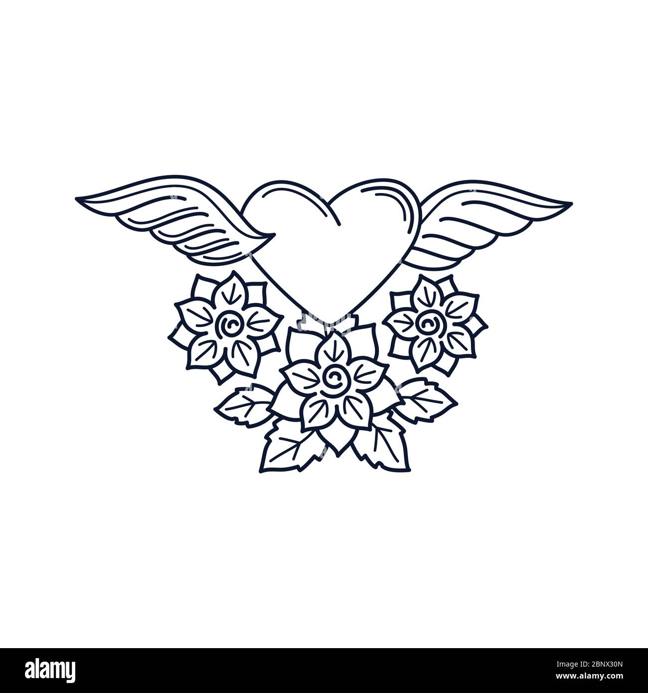 Élément vecteur de tatouage d'art Old School Line avec coeur et roses, isolé sur fond blanc Illustration de Vecteur