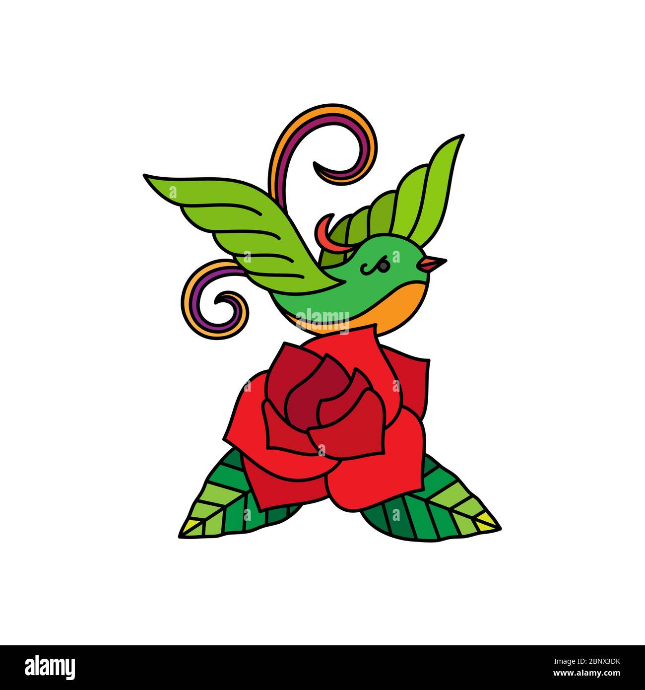 Illustration de la vieille école avec fleurs d'oiseau et de roses, vecteur isolé Illustration de Vecteur